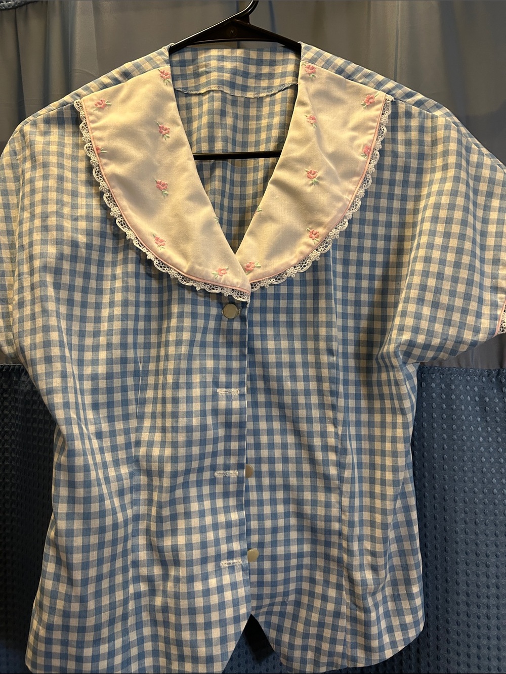 Blue Gingham Button-Front Blouse with Embroidered Collar